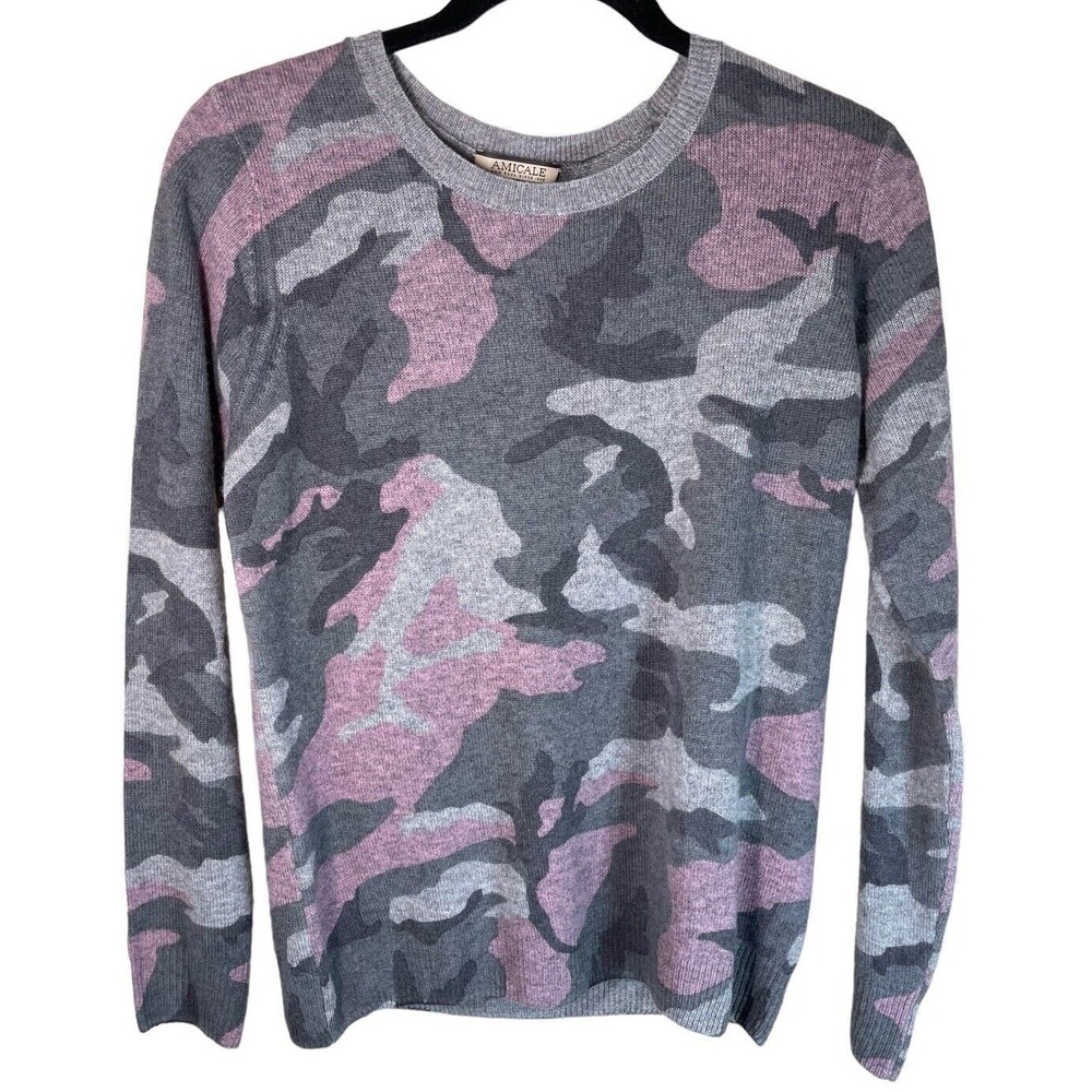 Amicale 100% Cashmere Pink Grey Camouflage Crewneck Sweater Size‎ Small Women's